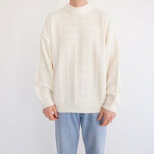 Vintage 90s Functionals Cream Textured Grid Knit Mock Neck Sweater Cotton XL